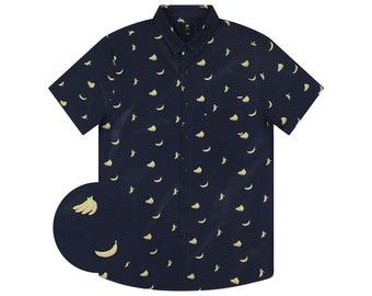 Stretchy Banana Shirt Button Down Short Sleeve, Fun Shirt For Mens Button-up,  Funny Fruit Printed