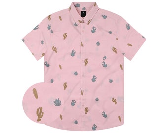 Fun Shirt For Mens Button-up, Cactus Pink Button Down Short Sleeve Shirts