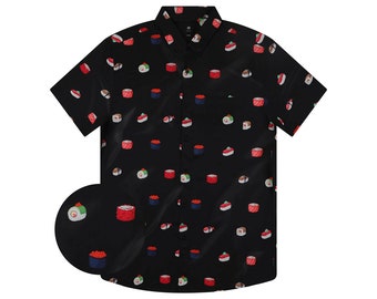 Black Sushi Button Down Short Sleeve, Fun Shirt For Mens Button-up, Stretchy Fabric Funny Food, Printed Mexican Food