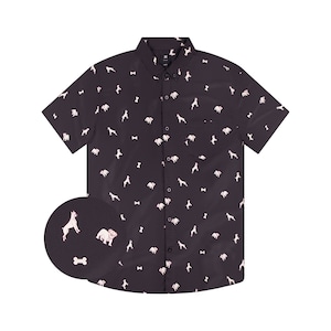 May include: A black short-sleeved button-down shirt with a repeating pattern of white dogs and bones.