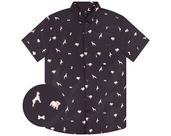 Fun Shirt For Mens Button-up, Black Dog Button Down Short Sleeve, Funny Animals Printed