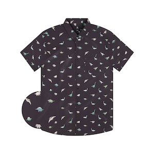Fun Shirt For Mens Button-up, Black Dino Button Down Short Sleeve, Stretchy Funny Animals Dinosaur Jurassic Park Printed