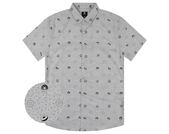 Sprinkle Sweetness Stretchy Button-Up | Donut Print Short Sleeve Shirt | Unique Dessert Collar | Funny Food Printed Mexican Food