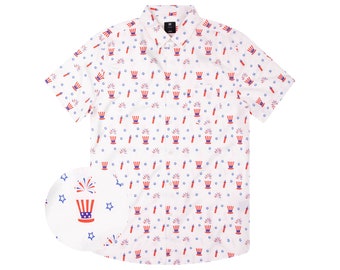 Fun Shirt For Mens Button-up, Stretch Fabric White Fireworks Button Down Short Sleeve Shirts