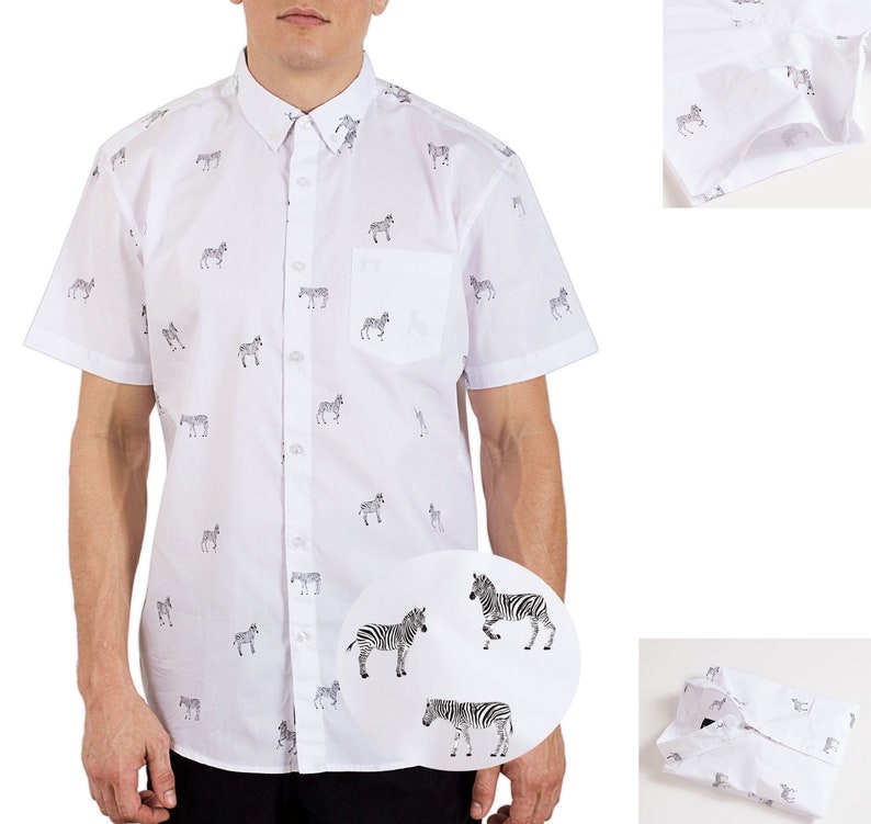Zebra Print Mens Button Down Short Sleeve Shirt