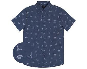 Men’s Dinosaur Button Down Shirt – Fun Jurassic Print Short Sleeve Top – Vacation Party Outfit – Gift for Him