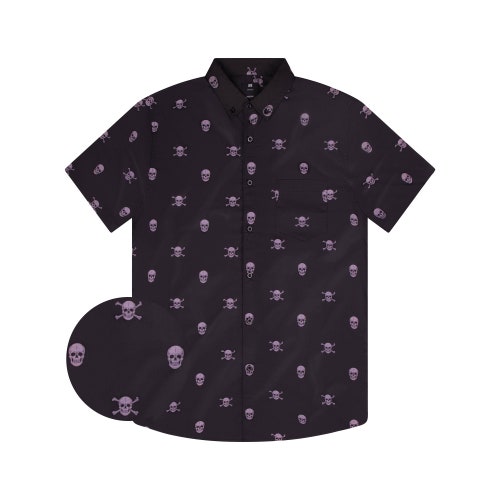 ろろ SKULL BUTTON SHORT PEA COAT 3133T Skull & Crossbones Button Down - Mens Printed Shirt , Skeleton