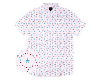 Fun Shirt For Mens Button-up, White Stars Button Down Short Sleeve Shirts with Stretch Fabric Material