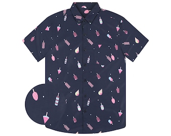 Fun Shirt For Mens Button-up, Ice Cream Navy Button Down Short Sleeve, Funny Food Printed