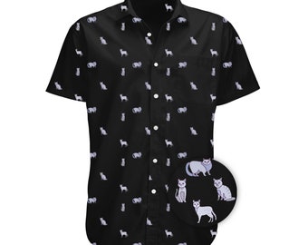 Fun Shirt For Mens Button-up, Black Cat Button Down Short Sleeve, Funny Animals Printed