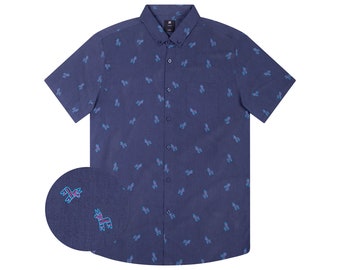 Navy Pony Button-Up | Short Sleeve Collar Shirt | Horse Print Funny Animals | Equestrian Chic