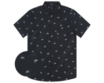 Men’s Shark Button Down Shirt – Jaws Inspired Novelty Top – Shark Week Aloha Style – Funny Shark Daddy Gift – Vacation Party Outfit