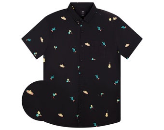 Fun Shirt For Mens Button-up, Stretchy Fiesta Black Button Down Short Sleeve Shirts