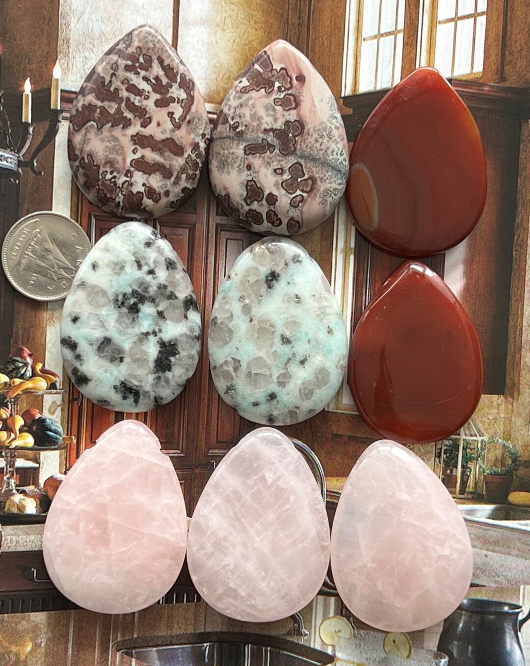 28x38mm Vintage A Nature Kiwi Jasper, Ocean Fossil Jasper, Carnelian