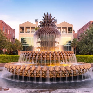 May include: A large, ornate fountain in the shape of a pineapple with cascading water. The fountain is surrounded by lush greenery and buildings in the background.