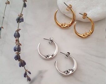Engraved Moon Hoop Earrings: Silver Gold Celestial Jewelry