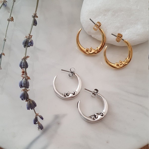 Silver Gold Engraved MOON Hoop Earrings, Celestial Silver Earrings, Moon Gold Earrings,Push Back earrings, Minimalist  Geometric  Earrings