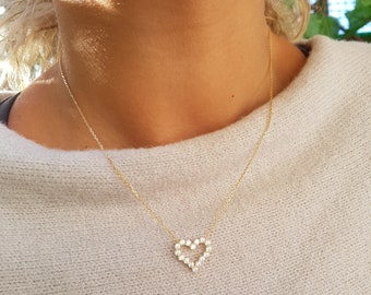 Heart Gold Necklace, Delicate Gold Chain, Zircon Necklace, Everyday Necklace, Dainty Necklace, Gold Plated 925, Love Necklace, Mother Gift