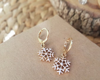 Snowflake Earrings, Gold Hoop Earrings, Snowflake Drop Earrings, Tiny Earrings, Simple Earrings, Gold Plated Jewelry, Snowflake Charm