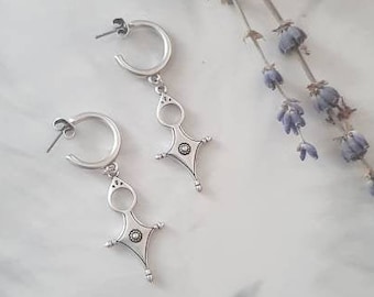 Silver Shield Earrings, Silver Thick Hoop Dangle Earrings, African Silver Ethnic Tribal Earrings, Tuareg jewelry, Statement Silver Earring