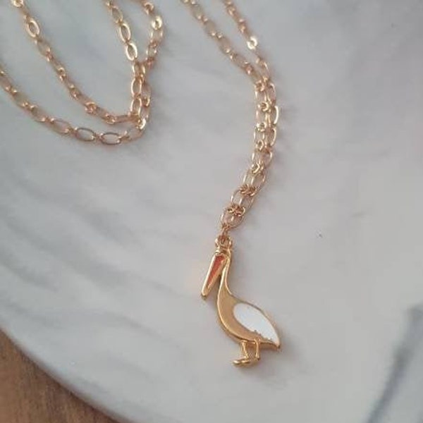 Gold Plated Enamel pelican Bird Necklace, Animal PELICAN jewelry, Gold Chain Necklace Pendant, Animal Charm Gold Necklace Jewelry, Mom Gift
