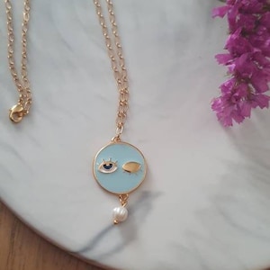 Gold Evil Eye Necklace with Lashes, Evil Eye Protection Pendant With Fresh Water Pearl, Layered Stacking Boho Dainty Gift For Her, Mom Gift