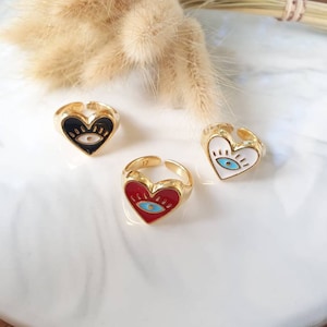 Gold HEART evil eye ring with  Enamel Heart, Red Heart Ring, Black Heart Ring, White Heart Ring, Boho Midi Ring, Dainty Signet Love rings