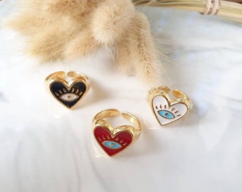 Gold HEART evil eye ring with  Enamel Heart, Red Heart Ring, Black Heart Ring, White Heart Ring, Boho Midi Ring, Dainty Signet Love rings
