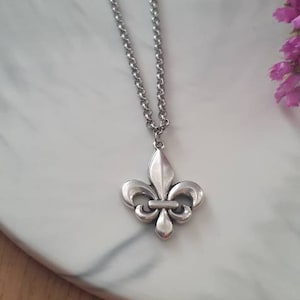 Colar de prata com flor de lis, pingente de colar com flor de lis, corrente de prata em aço inoxidável, colar unissex com flor francesa, símbolo medieval