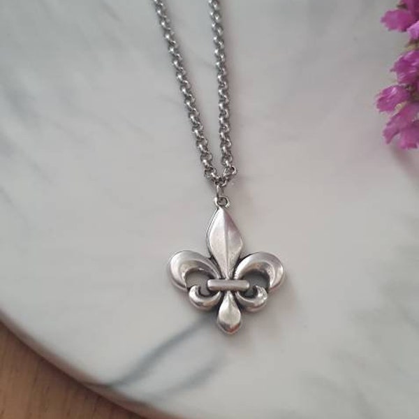 Collier en argent fleur de lys, pendentif collier fleur de lys, chaîne en argent en acier INOXYDABLE, collier unisexe fleur français, symbole médiéval