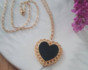 Big Gold Heart Necklace, Black Heart Gold Chain Necklace