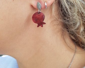 Brincos de romã: pingente de acrílico vermelho, brincos de gota de aço inoxidável