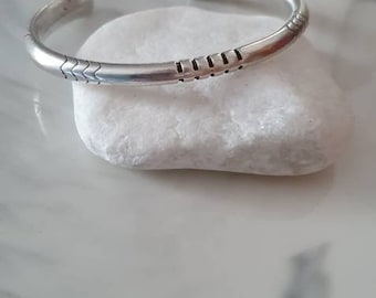 Silver Engraved Tribal Cuff Bracelet - Boho Minimalist Bangle