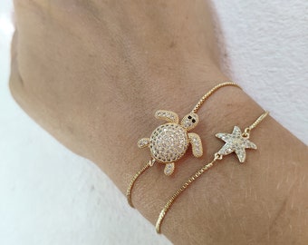 Gold Turtle Bracelets, Gold Starfish Bracelets, Zircon Bracelets For Women, Adjustable Bracelets, Zircon Gold Bracelets, Turtle Charms, Cute