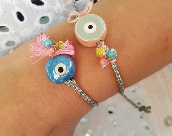 Macrame eye bracelet, Tassel bracelet for woman, Ceramic bracelets, Evil eye bracelet, Bracelets for women, Beads Bracelet, Gift for mom,