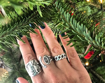 Bohemian Silver EARTH Statement Midi Ring, Braided Design Ring, silver Chain ring, Silver Turkish Evil Eye RING, Evil Eye Ring With Lashes