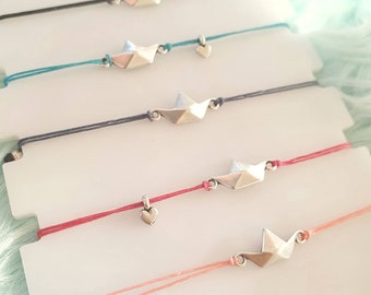 BOAT Silver Bracelet, Origami Paper Boat Charms, Boat Jewelry For Gift, Colorful Pastel Bracelets, Cute Girly Bracelet, Heart Tiny Charms