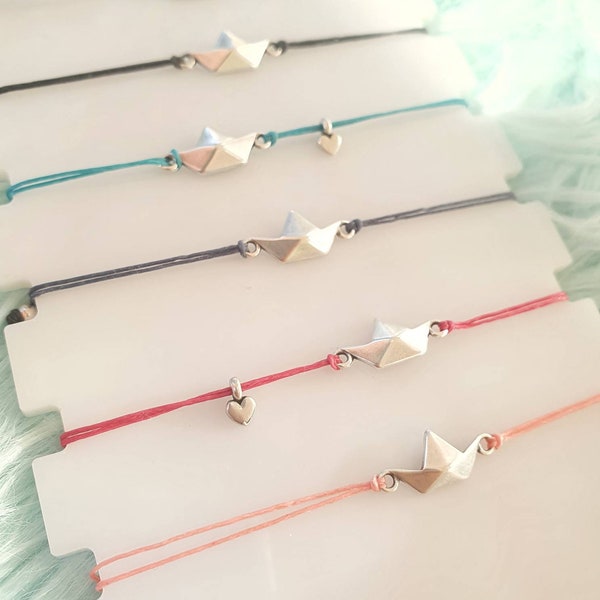 BOAT Silver Bracelet, Origami Paper Boat Charms, Boat Jewelry For Gift, Colorful Pastel Bracelets, Cute Girly Bracelet, Heart Tiny Charms