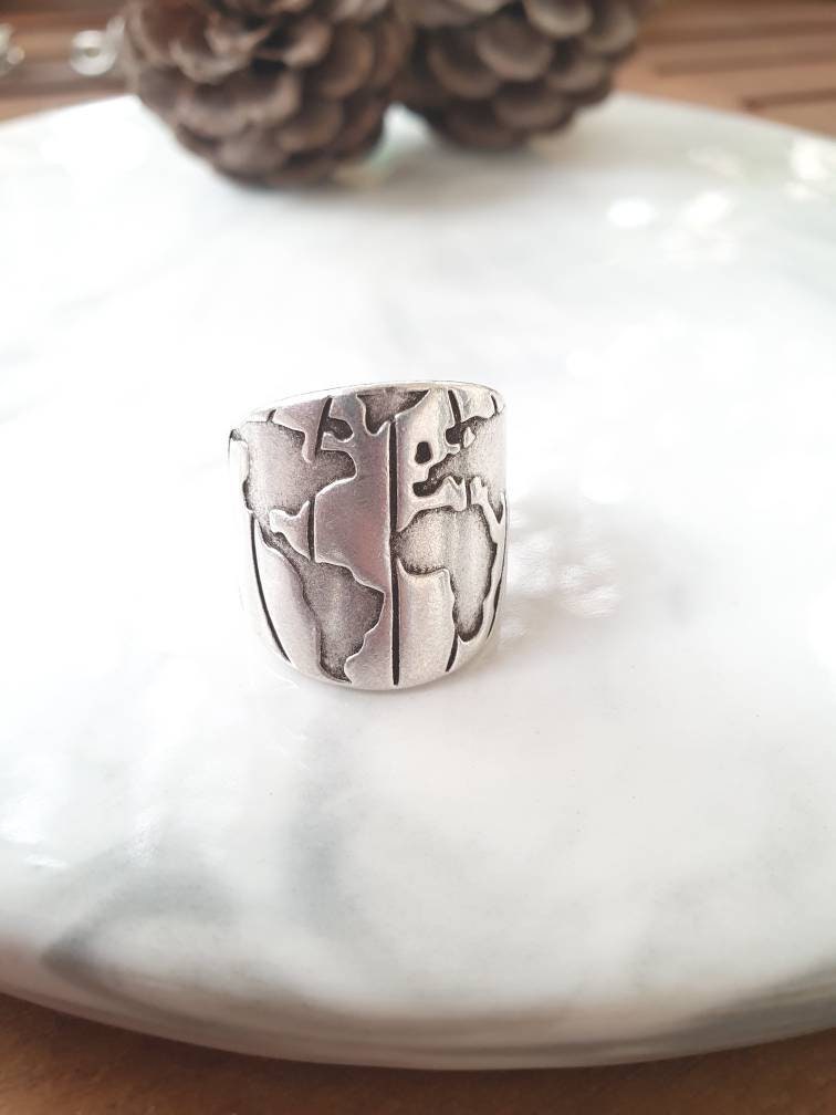 Statement Silver Earth Ring World Map Unisex Ring Silver - Etsy
