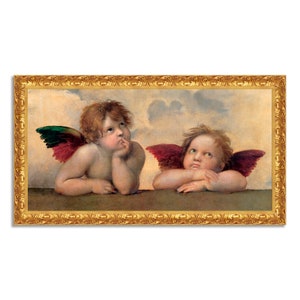 Peut inclure: Une impression encadrée représentant deux chérubins aux ailes rouges et vertes, sur fond de ciel nuageux. Les chérubins sont représentés avec des expressions pensives, posant leur menton sur leurs mains. Le cadre est orné, avec une finition dorée.
