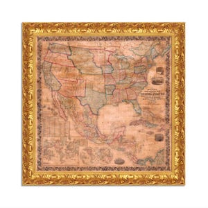 Impression sur toile avec effet peint avec cadre classique en bois doré - Fabriqué en Italie - Carte des États-Unis et de l'Amérique du Nord, 1856