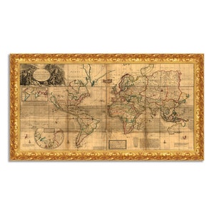 Impression sur toile avec effet peint avec cadre classique en bois doré - Fabriqué en Italie - Herman Moll - Carte du monde