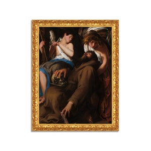 May include: A painting of a man in a brown robe, with a skull in his lap, being comforted by two angels. The man is looking up, while the angels are looking down at him. The painting is set against a dark background.