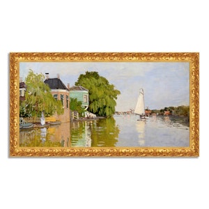 Print on canvas with painted effect with classic gold wooden frame - Made in Italy - Claude Monet - Houses on the Achterzaan