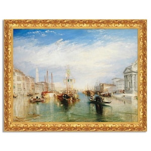 May include: A painting depicting a canal in Venice, Italy. The artwork is executed in a romantic style, featuring soft colours and a hazy atmosphere. Numerous boats are visible in the canal, including gondolas and sailing vessels. The buildings lining the canal are tall and narrow, with numerous windows. The sky is blue and cloudy.