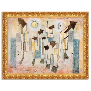 Könnte beinhalten: Abstraktes Gemälde mit geometrischen Formen und Pfeilen in Braun-, Gelb-, Blau- und Grautönen. Das Gemälde hat einen strukturierten Hintergrund und eine kreisförmige Form in der oberen Mitte.