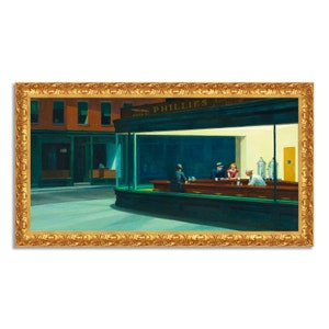 Könnte beinhalten: Ein Gemälde eines Diners bei Nacht mit einem grün-blauen Farbschema. Der Diner hat ein Schild mit der Aufschrift "PHILLIES" und vier Personen sitzen am Tresen.