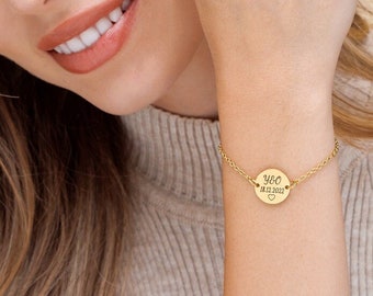 Custom Gold Circle Bracelet, Disc Bracelet, Coin Bracelet, Name Bracelet, Date Bracelet, Roman Numeral, Initial Bracelet, Best Friend Gift
