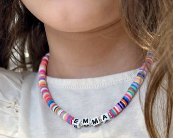 Custom Gift For Girls, Personalized Girls Necklace, Name Necklace For Kids, Custom Kids Beaded Necklace, Heishi Name Necklace, Kids Jewelry