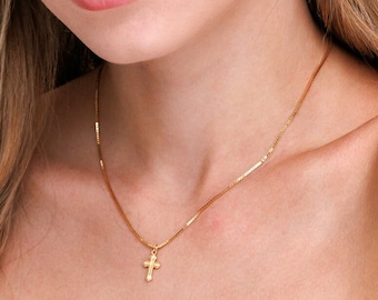 Minimalistische Tiny Gold Cross Choker ketting, religieuze sieraden, christelijk geloof kruis hanger ketting, gebed ketting, katholieke sieraden